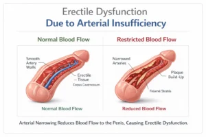 Infographic showing normal vs restricted penile blood flow due to arterial insufficiency causing erectile dysfunction
