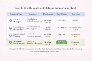 ED treatment comparison table highlighting PureNyte as natural low side effect option