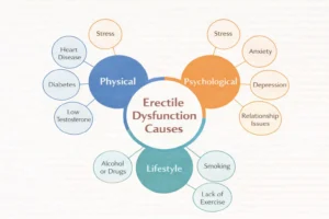 Circular diagram showing physical, psychological, and lifestyle causes of erectile dysfunction with sub-factors