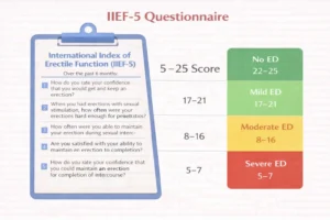 Infographic showing IIEF-5 questionnaire with color-coded ED severity score ranges from severe to no ED