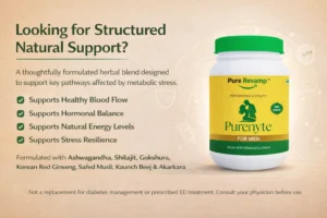 Banner showing PureNyte herbal supplement bottle for men with benefits including support for healthy blood flow, hormonal balance, natural energy, and stress resilience, along with ingredient list and medical disclaimer.