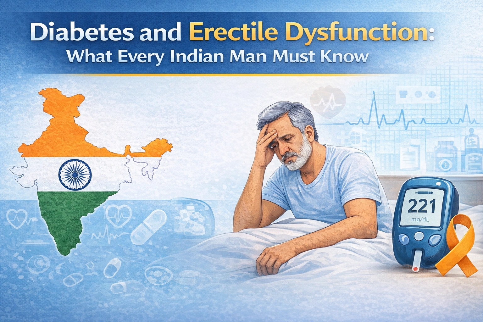 Featured banner showing an Indian man with high blood sugar reading (221 mg/dL), India map, and headline about diabetes and erectile dysfunction awareness for Indian men.