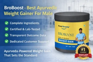 Promotional banner featuring PureRevamp BroBoost Ayurvedic weight gain supplement jar with headline “Best Ayurvedic Weight Gainer for Male,” highlighting complete ingredients, lab-tested certification, transparent outcome data, and dedicated customer support with a premium blue gradient background.